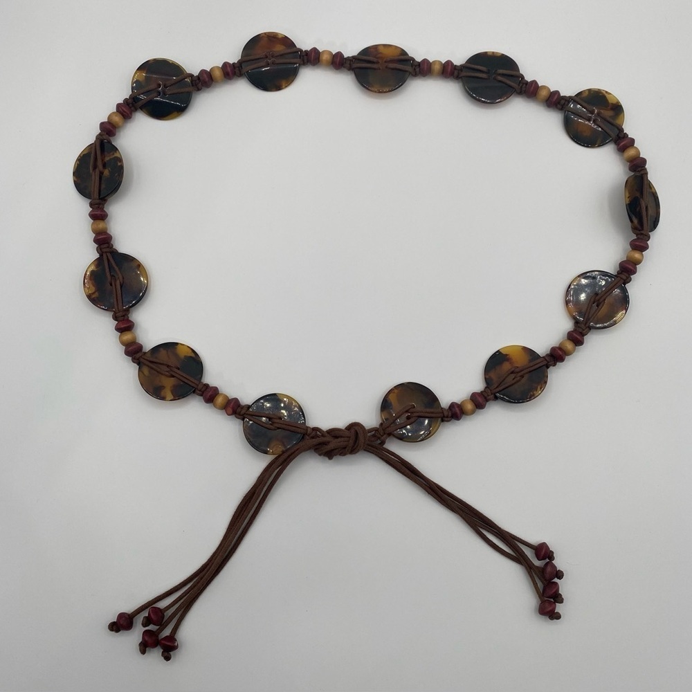 Boho Tortoise & Wood Bead Corded Tie Belt 39” at smallest, unbranded